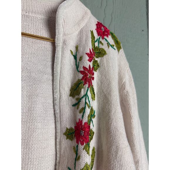 Vintage 90s Embroidered Poinsettia Holiday Open Cardigan Boho - Picture 4 of 5
